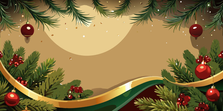 Festive Christmas banner with pine branches and golden ribbon