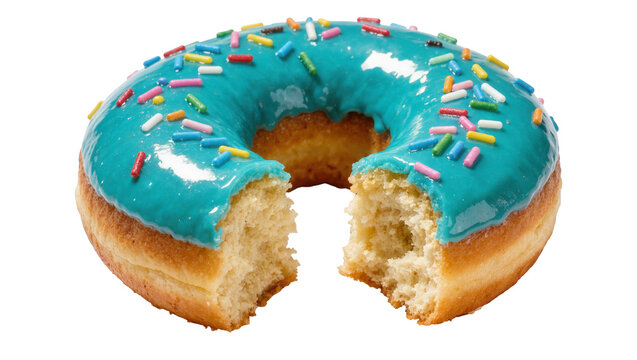 Bitten turquoise frosted donut with colorful sprinkles, isolated on transparent background