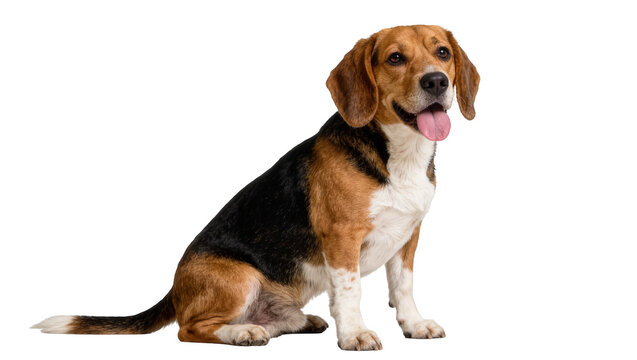Tricolor beagle dog sitting attentively, isolated on transparent background
