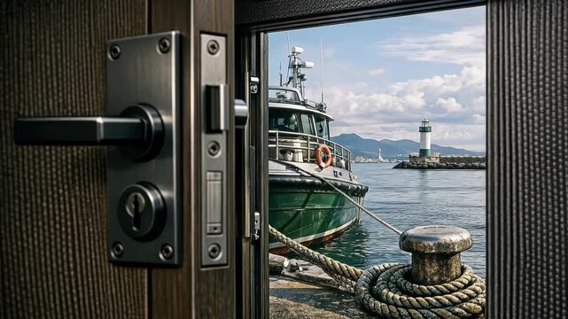 Close-up of a door handle framing a coastal view with a boat and lighthouse
