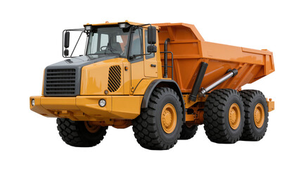 Heavy duty yellow articulated dump truck with large tires, isolated on transparent background © Marta