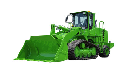 Bright green tracked bulldozer with large bucket, isolated on transparent background © Marta