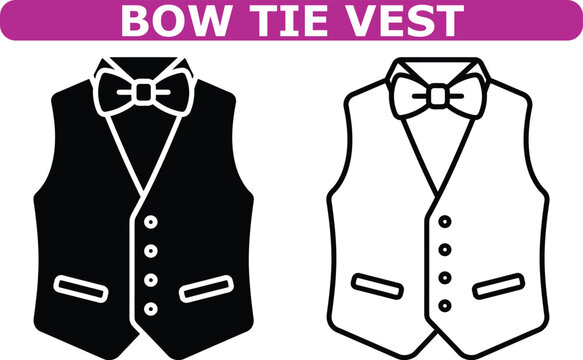 Waistcoat with bow tie icon set, vector solid and outline collection of formal men's wear, wedding apparel, and elegant suit vest symbols for branding design
