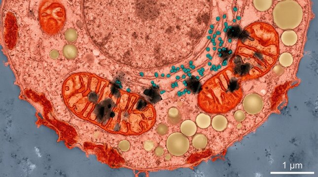 Hepatocyte demonstrating alcoholic steatosis, showing accumulation of round lipid droplets within the cytoplasm, displacing mitochondria, representing liver cell pathology under chronic toxic stress.