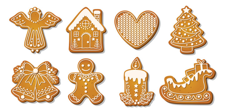 Christmas Gingerbread cookies for xmas celebration. Winter homemade biscuits with sweet icing details in festive shapes isolated on white background. Festive decoration vector illustration.