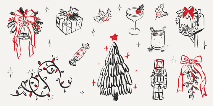 Whimsical chalk doodles of Christmas party. Quirky icons of breakfast and dinner meals in crayon style. Crayon drawing for menus and invitations. La dolce vita hand drawn sketches.