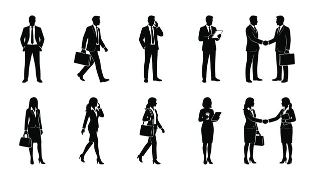 Business professional silhouette set with men and women walking, talking, shaking hands, and holding bags.