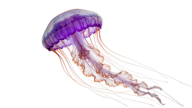 Vibrant purple jellyfish with long flowing tentacles, isolated on transparent background