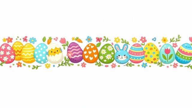 Row of colorful Easter eggs with bunny and chick