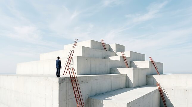 A businessman standing on a concrete structure looking at multiple red ladders leading to different levels of the pyramid, symbolizing career growth, choices, and professional development
