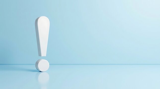 3d rendering of a white exclamation mark standing on a light blue surface, symbolizing attention, warning, or important information in a clean, minimalist studio setting