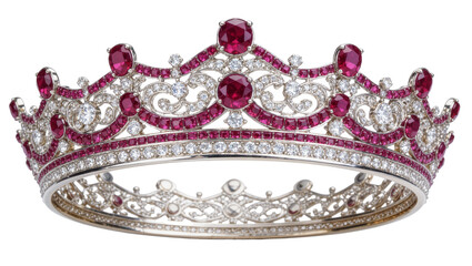 Ornate ruby and diamond tiara with intricate metalwork, isolated on transparent background © Marta
