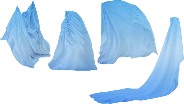 Dynamic Floating Light Blue Satin Fabric Drapes Set on Transparent Background