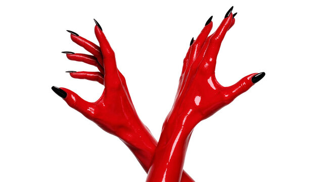 Shiny red devil hands with sharp black claws, isolated on transparent background