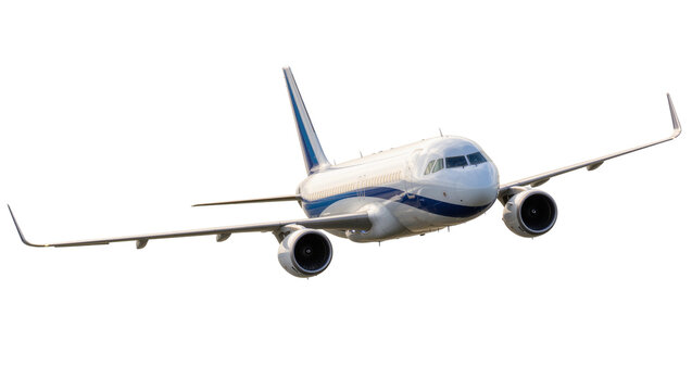Modern white and blue jet airplane flying, isolated on transparent background