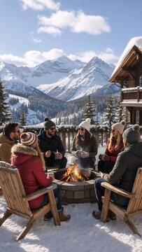 A diverse group of friends in winter jackets sits around a crackling stone fire pit in a snowy forest clearing, roasting marshmallows and chatting warmly. Snow-capped peaks and evergreen trees frame