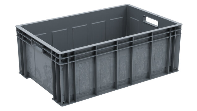 Empty grey plastic industrial storage container with handles, isolated on transparent background