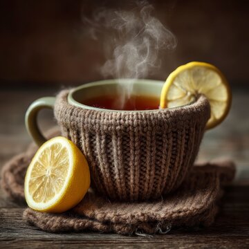 Cozy Tea Cup with Steam and Lemon Slice on a Rustic Table