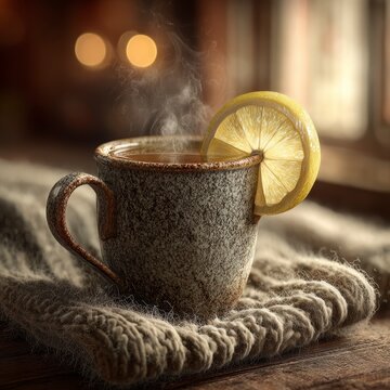 Cozy Hot Beverage with Lemon Slice on Rustic Table Setting