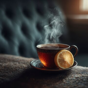 Warm Cup of Tea with Lemon Slice and Steam in Cozy Setting