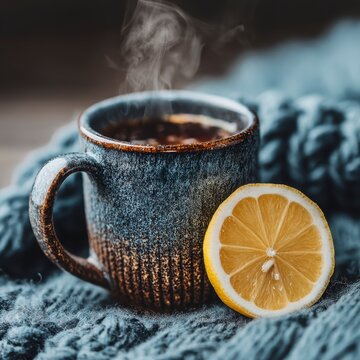 Cozy Hot Beverage with Lemon Slice on a Soft Knitted Background