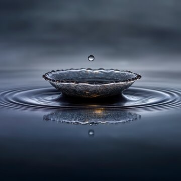 Droplet Above Calm Water Surface with Circular Ripples in Darkness