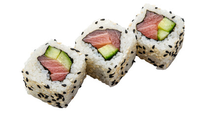 Fresh tuna and cucumber sushi rolls coated in white rice and black sesame seeds, isolated on transparent background © Marta