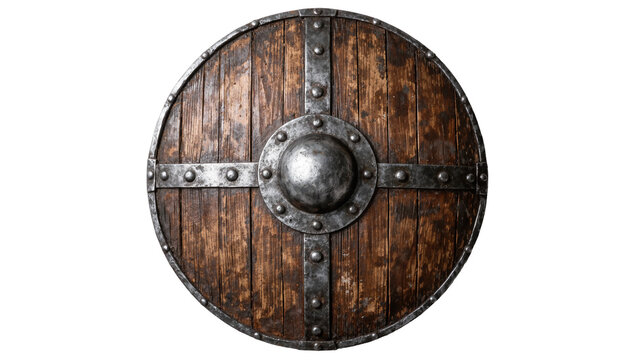 Rustic wooden Viking shield with metal rim and central boss, isolated on transparent background