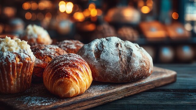 Freshly Baked Pastries and Artisan Breads on Rustic Wooden Table