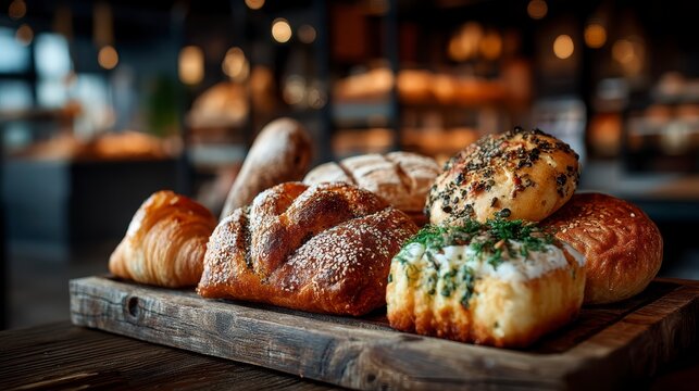 Freshly Baked Assortment of Delicious Artisan Breads on Wooden Board