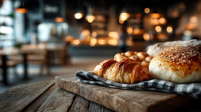 Freshly Baked Bread and Pastries on Rustic Wooden Table Surface