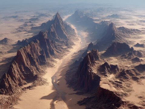 Majestic Aerial View of Rugged Mountains and Serene Desert Landscape
