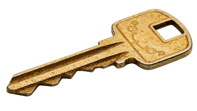 Antique brass key with decorative floral pattern, isolated on transparent background