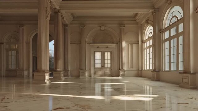 Elegant Classical Interior with Columns and Arched Windows