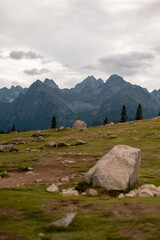 Dramatic mountain peaks of the High Tatras rising above the green Rusinowa Polana meadow in Poland © WellStock