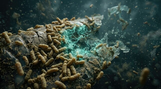 Ideonella sakaiensis bacterium adhering to weathered plastic, secreting petase inside microcrack fissure, establishing early biofilm matrix to degrade polymer pollutant in water.