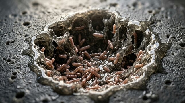 Ideonella sakaiensis bacterium excavation forming biodegradation erosion pit inside polymer, secreting petase within extracellular biofilm matrix, dissolving synthetic substrate.