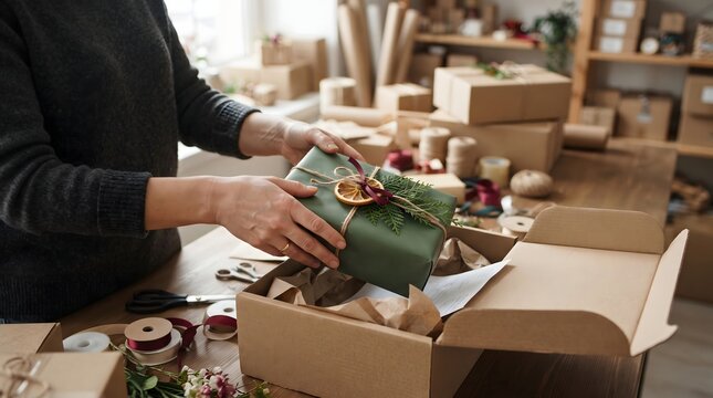 Woman carefully wrapping a festive gift in green paper with natural twine and orange slice decoration