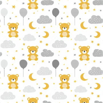 Gentle nursery pattern with clouds, moons, stars, teddy bears and balloons for baby room decor