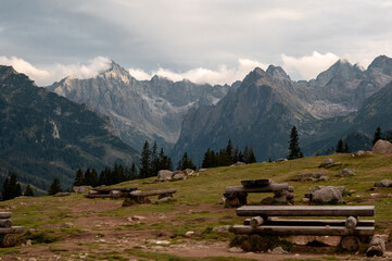 Scenic view of the majestic Tatra Mountains peaks from the grassy Rusinowa Polana in Poland © WellStock