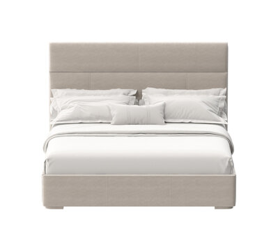 Modern upholstered bed with crisp white linens and plush pillows, isolated on white