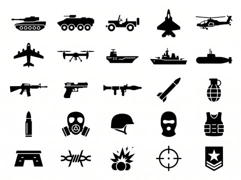 Military icons collection with tanks aircraft and weapons in clean graphic style for design