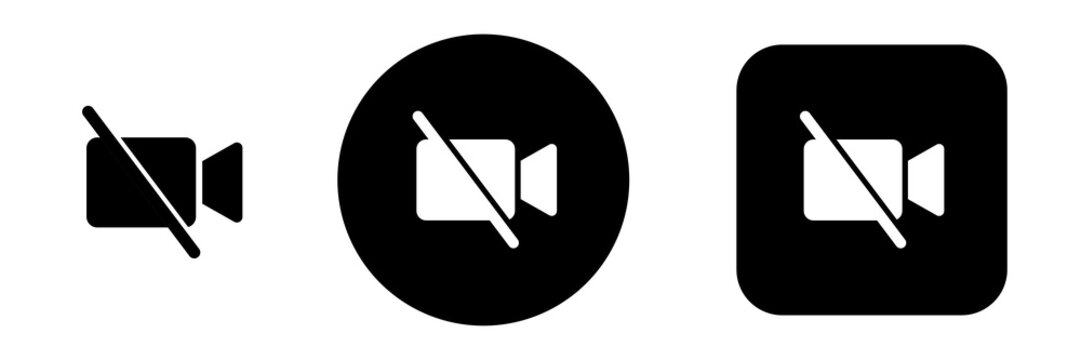 Video camera off icon set with disabled video symbols in solid button style. Camera control icons for video calls, online meetings and virtual conferencing
