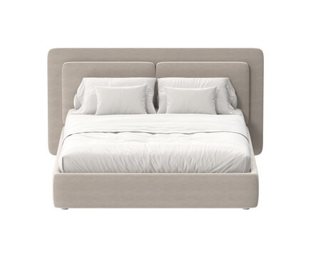 Modern upholstered bed with plush white linens and pillows on a clean background