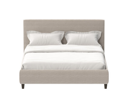 Modern upholstered bed with white linens and pillows, isolated on white