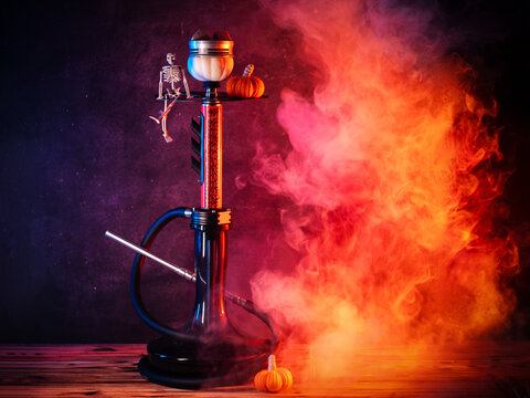 Halloween hookah with a pumpkin, smoky background with colored lights, copy space. The concept of a Halloween party card.