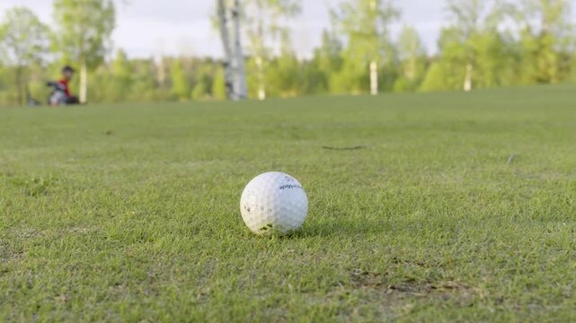 Golf ball resting on green grass in a golf course, with trees and a flag visible in the background, showcasing the serene outdoor environment and the sport's natural setting
