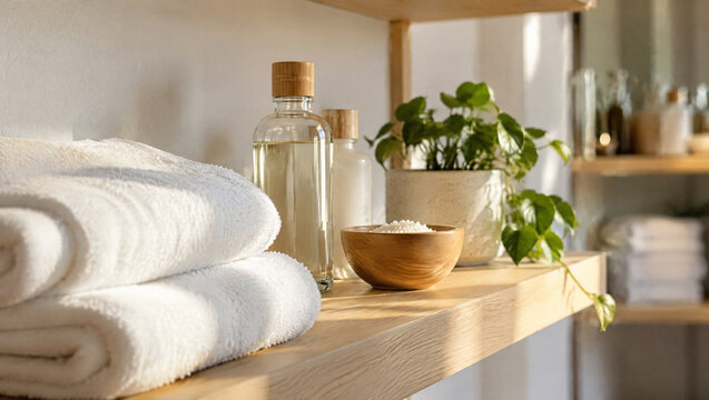 Folded white towels and unlabelled glass bottles on a light wooden shelf