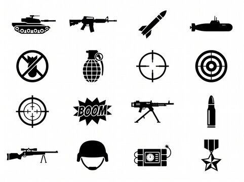 Military weapon icons in a grid against a white background for defense and conflict concepts