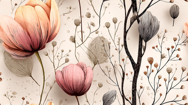 Seamless Art Line pattern, tulips and baby's breath, watercolor